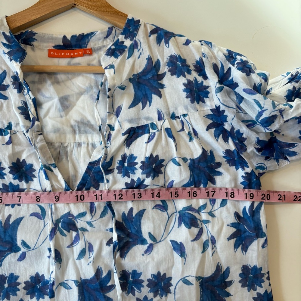 OLIPHANT‎ || Smocked Drop Mini Dress in Marion Blue Block Print Floral White S - Picture 7 of 10
